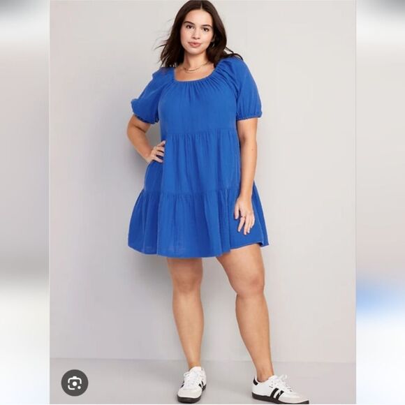 Old navy 💯 Cotton gauze Puff-Sleeve Tiered Mini Swing Dress blue size - Picture 12 of 12